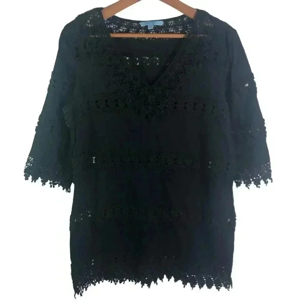 Antonio Melani Black Crocheted Swim Coverup Beach Dress Tunic Boho Size S